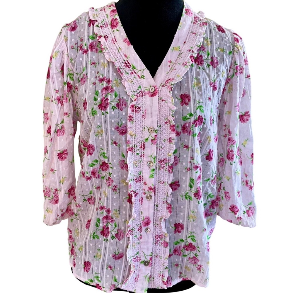 Nanette Lepore Pink Floral Swiss Dot Ruffle Lace V-Neck Blouse Size Medium